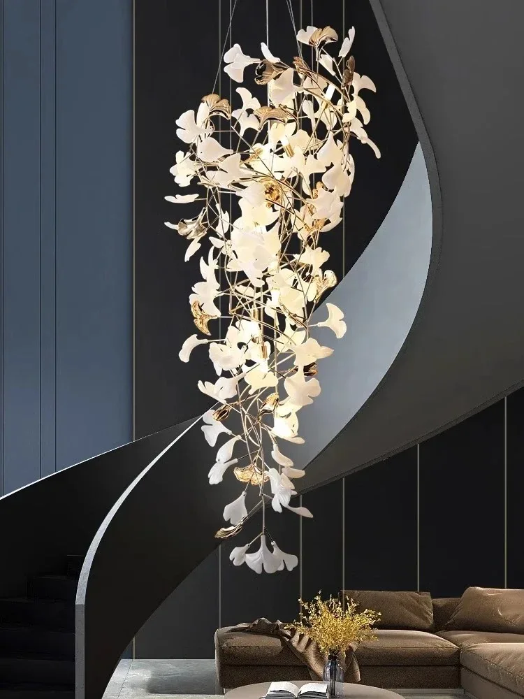 

Modern Staircase Chandelier Villa Duplex Designer Pick Empty Lobby Apartment Ceramics Jump Floor Ginkgo Leaf Hanging Lighting
