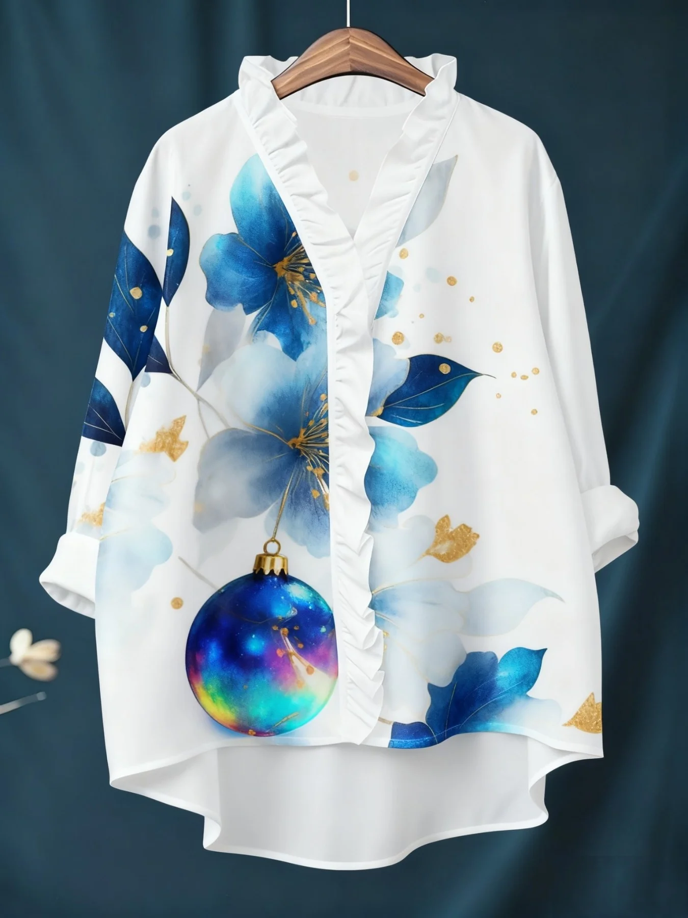 New women's printed long sleeved shirt with ruffled neckline, It's an elegant, atmospheric, and comfortable plus size top