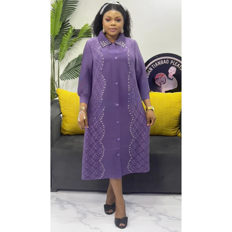 2025 Miyake Pleats Wholesale New Solid Color Dress Lace Splicing Beads Temperament Loose Women's Cardigan Dresses - Image 3