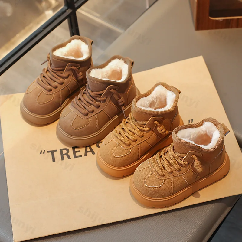

Girls' Snow Boots 2025 New Winter Boys' Plush Thicken Platform Cotton Shoes Non Slip Comfortable Warm Girls' Lace Up Short Boots