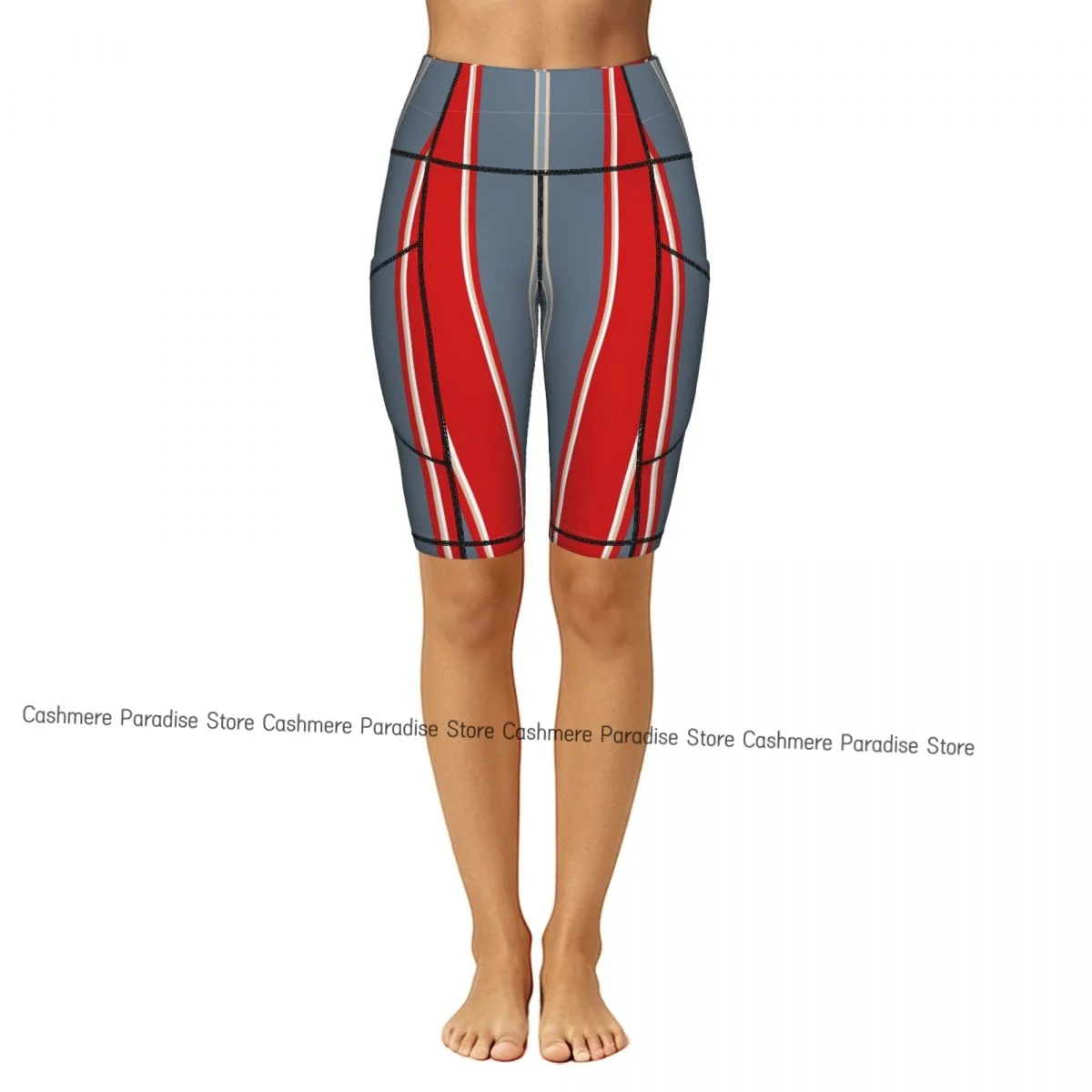 Double Pocket Sports Shorts Women Elastic Slim Striped Pattern Shorts Gym Exercise Running High Waist Yoga Fitness Shorts