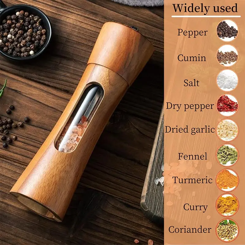 Acacia Wood Sea Salt Pepper Grinder,With Base Set,Acrylic Window Manual Pepper Grinder,Kitchen Pepper Ceramic Core Salt Grinding