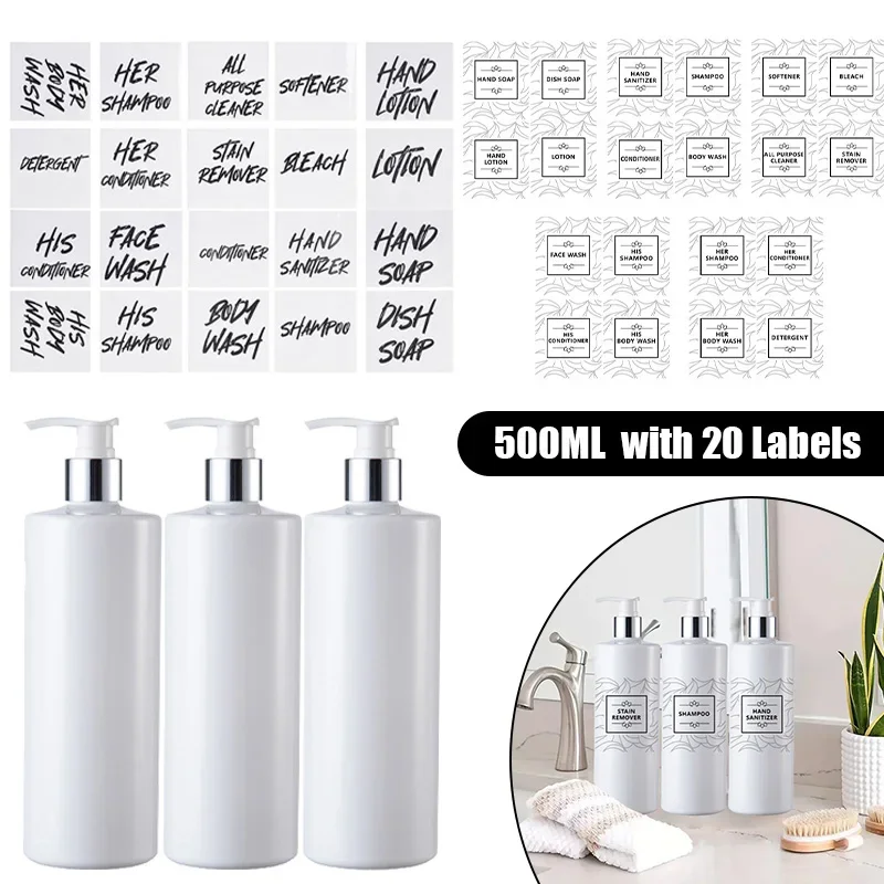 3 PCS 500ML Shampoo Dispenser Kitchen Soap Pump Bottle Refillable Bathroom Gel Liquid Cosmetic Empty Container with 20 Label