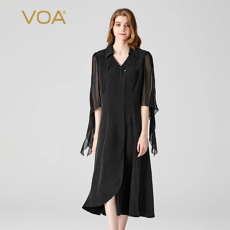 

(Fans Exclusive Discount) VOA Silk Black Turn-down Collar Half Flying Sleeves Dresses Women Asymmetrical Design Dress New AE1966