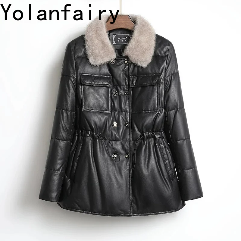 YOLANFAIRY Women 2026 Genuine Sheepskin Leather Down Coat Slim Fit Mid-length Thickened Real Leather Jacket Mink CollarWinter