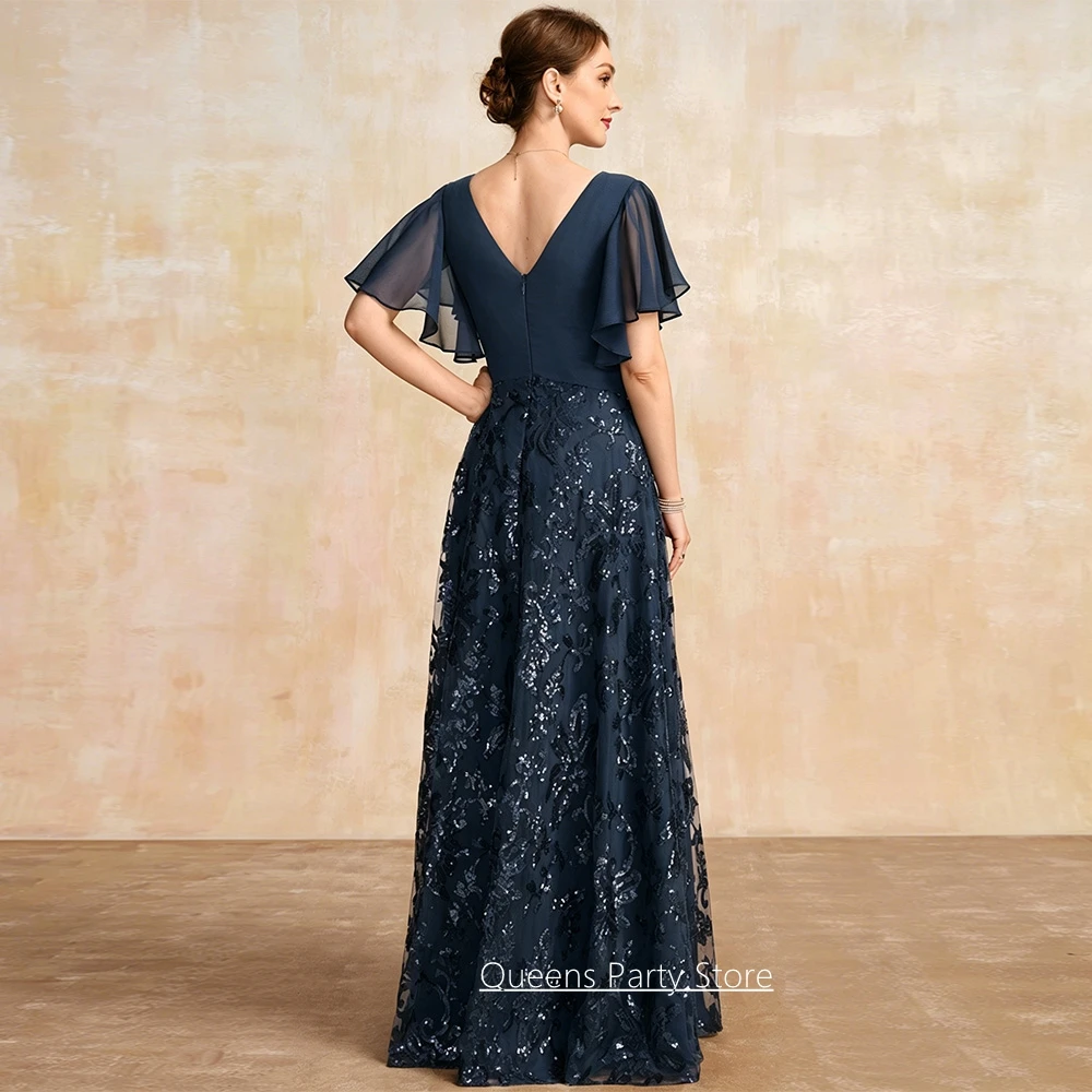 Guest Wedding Party Dresses Customized V Neck Batwing Sleeves V Neck Sequined Lace A Line Navy Mother of The Bride Dress