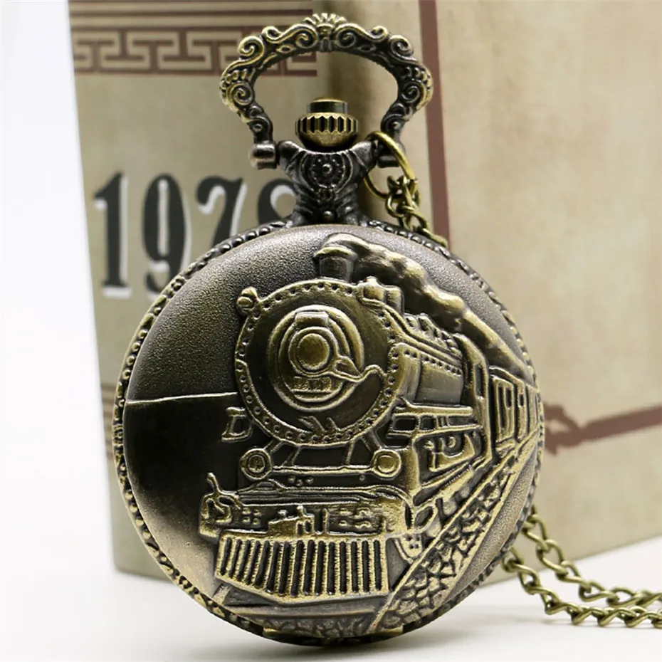 TIEDAN Train Quartz Pocket Watch Necklace Vintage Bronze Trend Fashion Watch Bat Pendant Chain Fob Watch