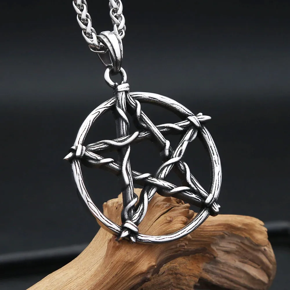 Vintage Branch Pentacle Stainless Steel Pendant Necklace Twig Pentagram Amulet Gothic Spiritual Jewelry For Men Women Accessory