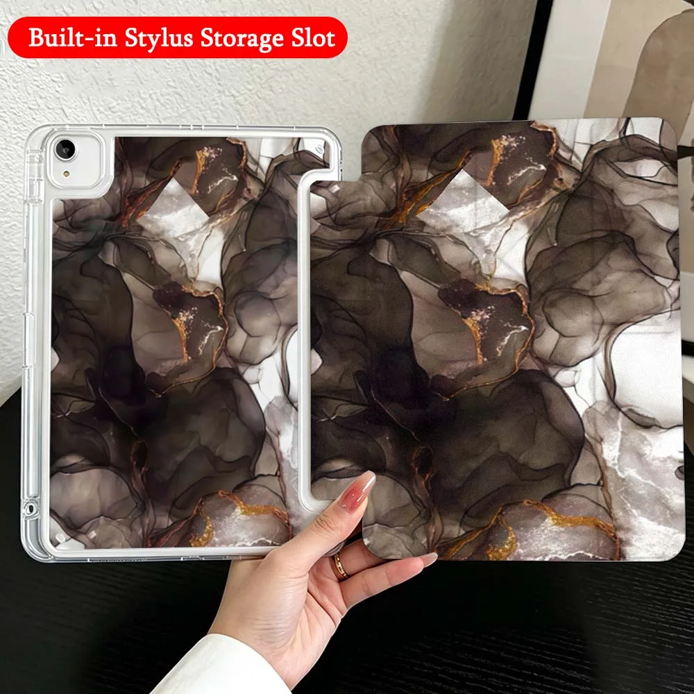 Black Gold Marble Texture For iPad Mini Pro Air 5 6 7 8 9 10th 11th 11 9.7 10.9 13 inch Transparent Y-Shaped Folding Tablet Case