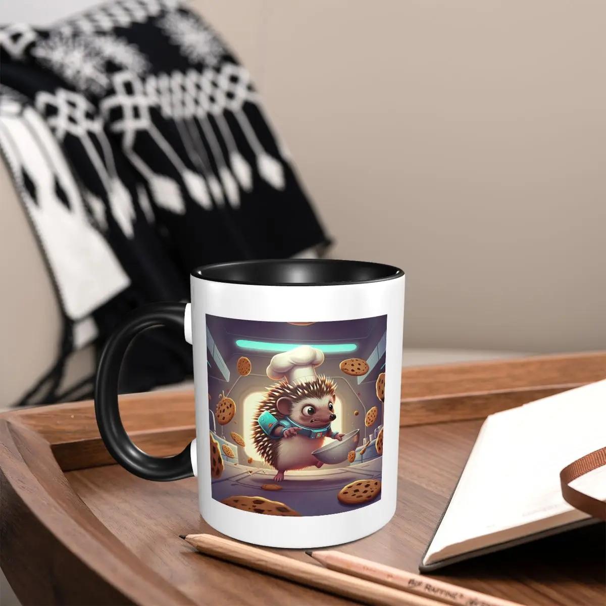 Futuristic Hedgehog Chef Baking With Flying Cookies Mug Funny Ceramic Coffee Cups Tea Mugs Milk Cup Drinkware Gift for Woman Man