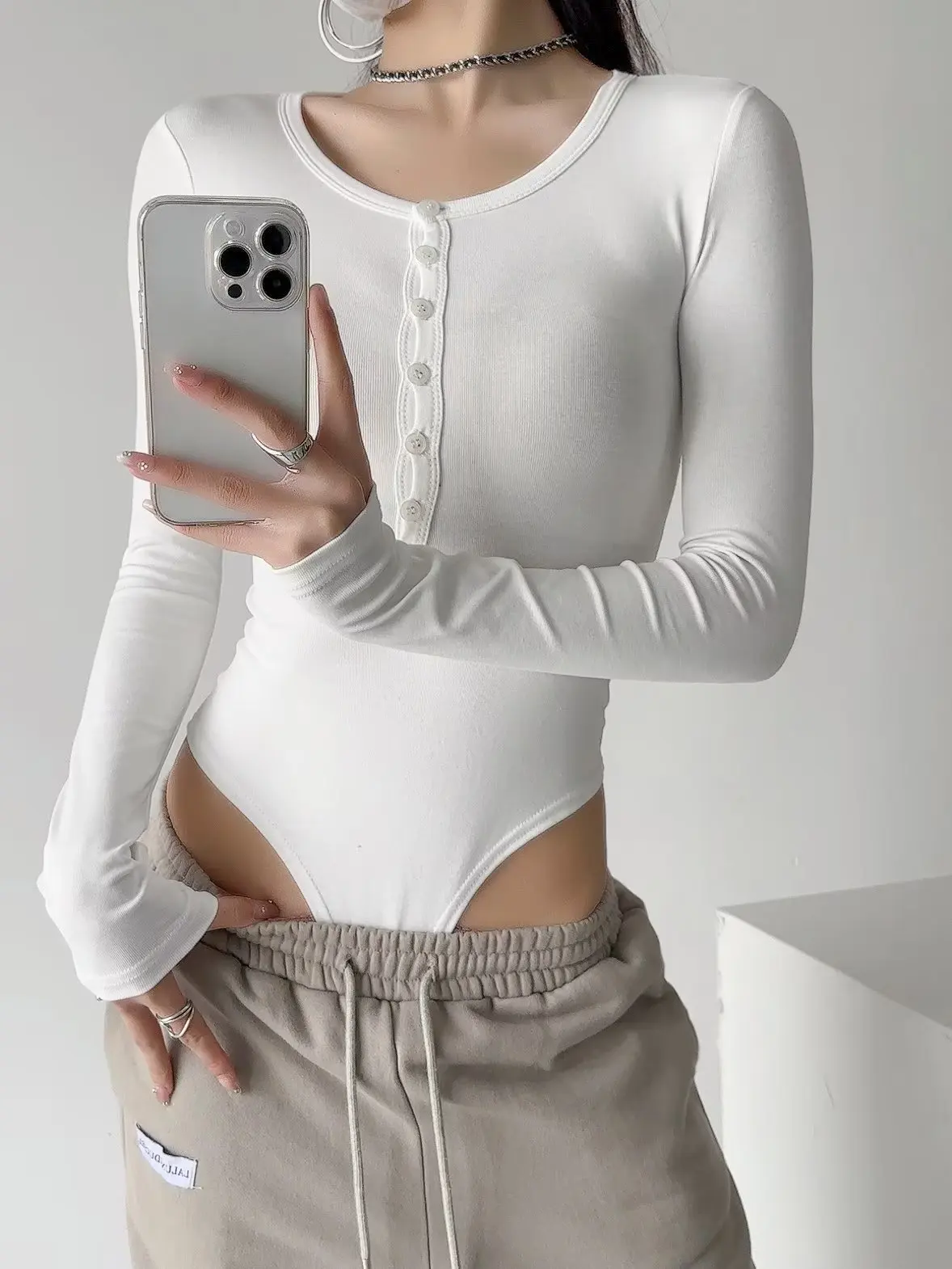 Women Long Sleeve O-neck Bodysuits 4 Colors Knitted Elastic Slim Tops White Jumpsuit