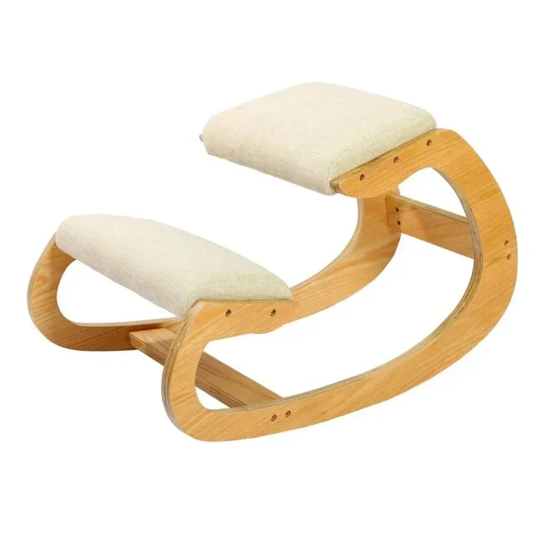 Ergonomic Kneeling Chair for Upright Posture Rocking Chair Knee Stool for Home, Office & Meditation - Wood & Linen Cushion