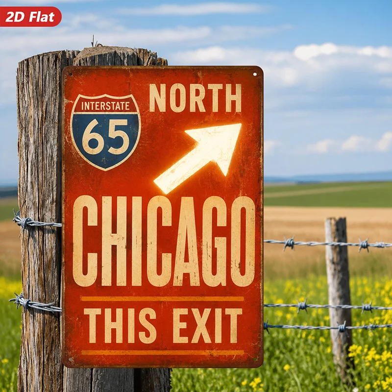 2D Flat 1pc Wall Art Sign Vintage Road Sign - Interstate 65 Northbound to Chicago Exit Vintage Style Industrial Design Home