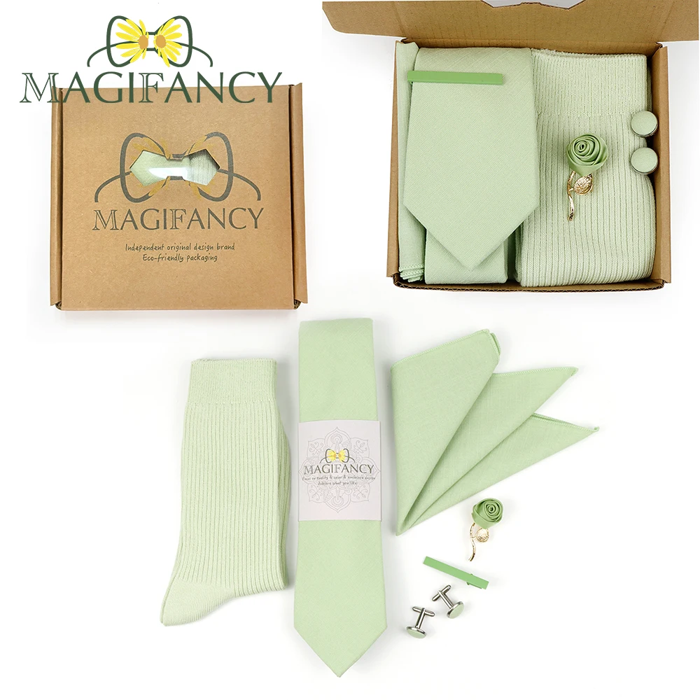 

MAGIFANCY Color 1～33 Tie Socks Set 6 PCS Gift Box Clip Cufflinks Pin Hanky Men Solid Cotton Wedding Party Cravat Top Accessory