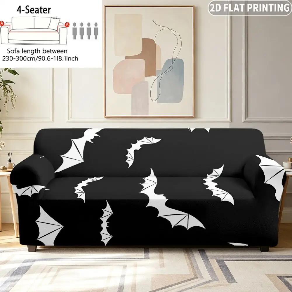 1pc Elastic Sofa Cover White Bat On Black Print, Easy to Install, Ideal for  Single/ Double/ Three / Four-Person Sofa
