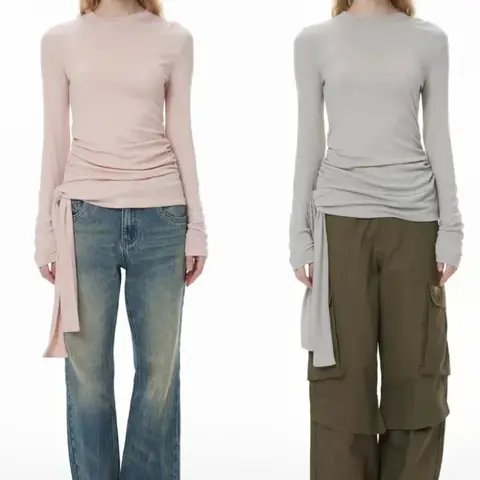 Französisch Vintage Lange Hülse Spitze Up Frauen Oansatz Elegante T-Shirts Harajuku Tops Koreanische Casual Tees Schlank Elegante Mode Sommer