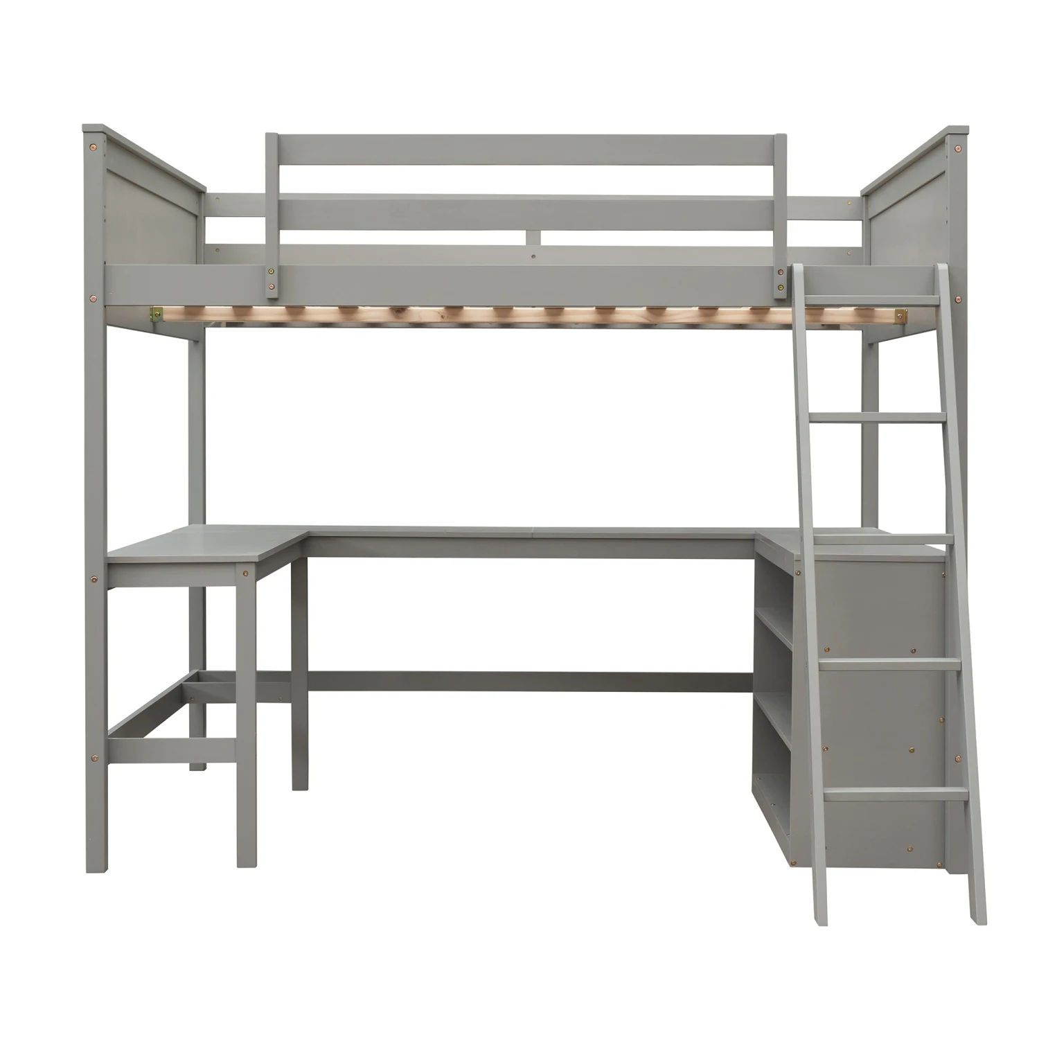 Full Size Loft Bed with Shelves and Desk, Gray Wooden Loft Bed - Optimized Storage Solution