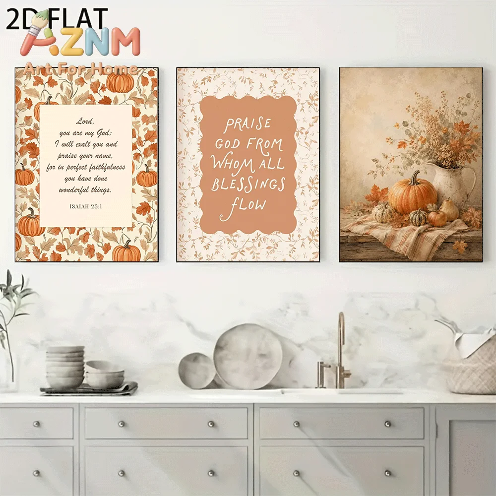 AZNM Frameless Canvas Wall Art, Fall Bible Verse Print, Floral Pumpkin Scripture Vase Dried Flower Watercolor Art Poster for Tha