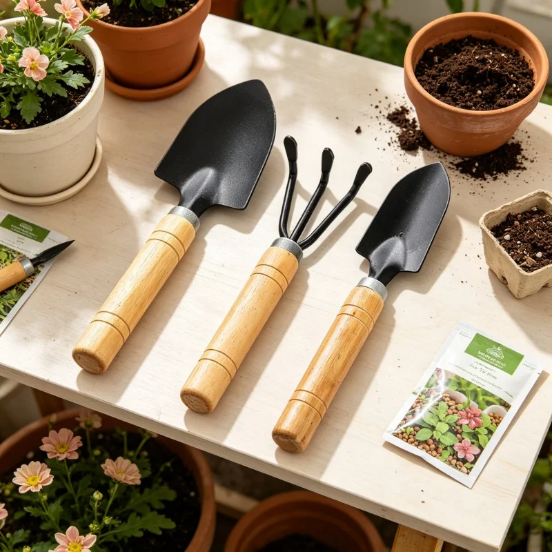 Three-piece mini gardening hand tools set - wooden handle, metal shovel, rake and hoe