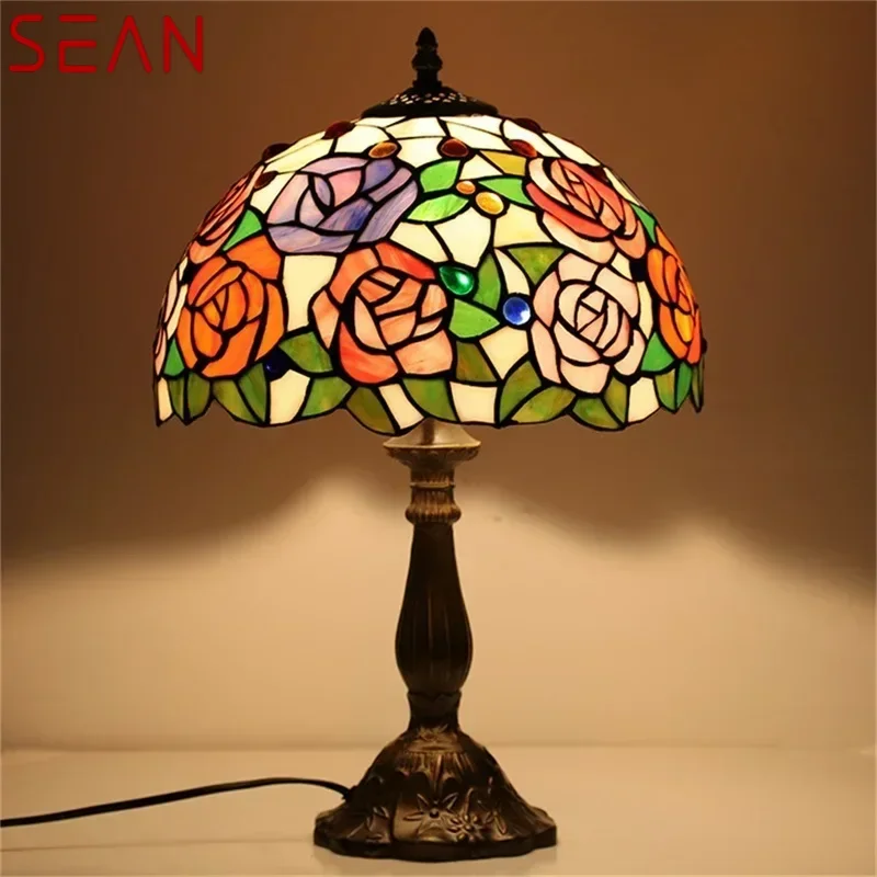 SEAN Tiffany Table Lamp For Bedroom Contemporary Creative Flower Figure LED Light Home