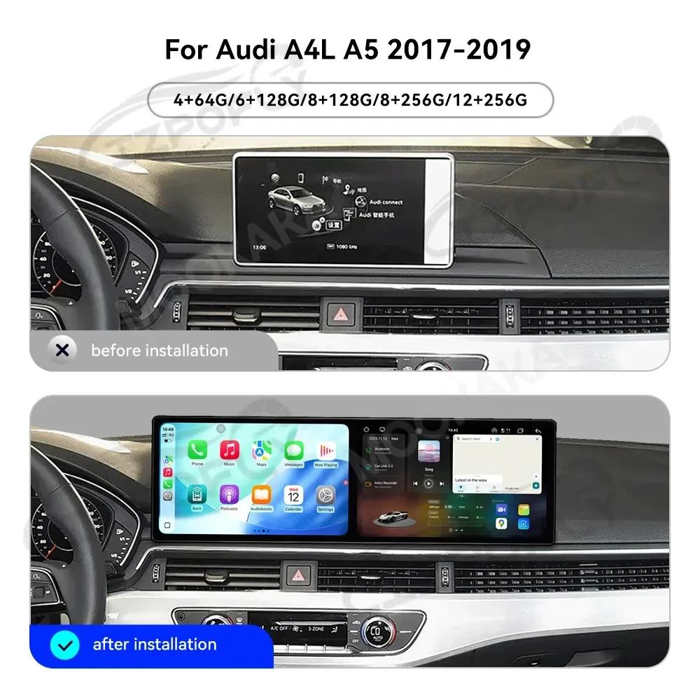 18.2 Inch Android 15 Car Radio for Audi A4L A5 B9 2017-2019 Wireless CarPlay GPS Navigation Multimedia Head Unit