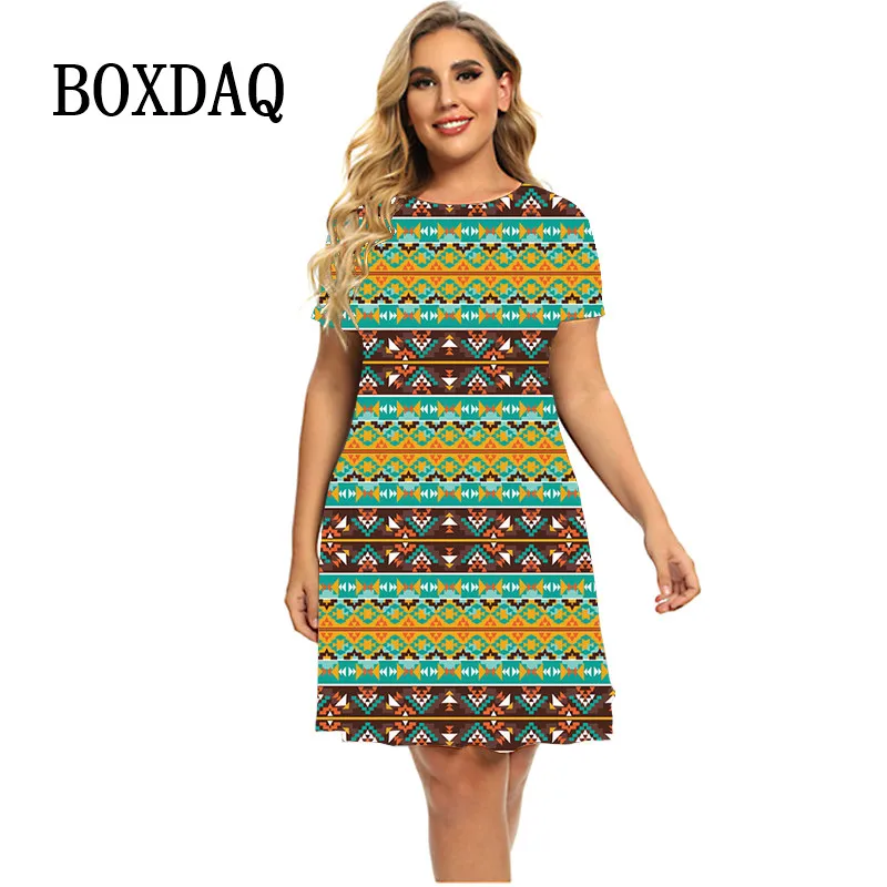 Ethnic Style Vintage Dress 2024 Ladies Summer Clothes Short Sleeve O-Neck Loose Casual Retro Dresses Women Geometry Print Dress