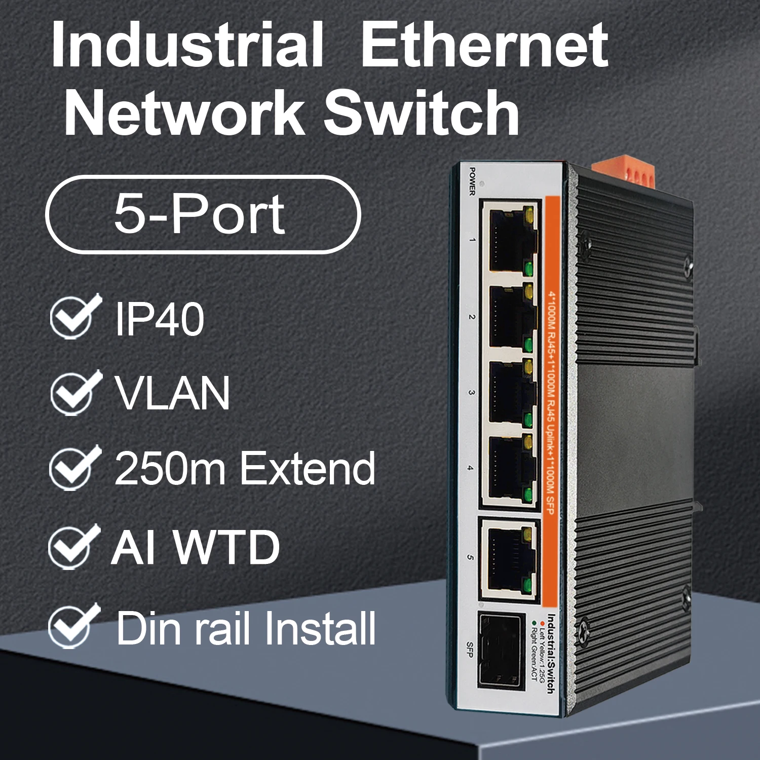 Gigabit Industrial Ethernet Switch 5 Port 1000Mbps Unmanaged Outdoor Network Switches IP40 -40 to 80°C DIN Rail Metal