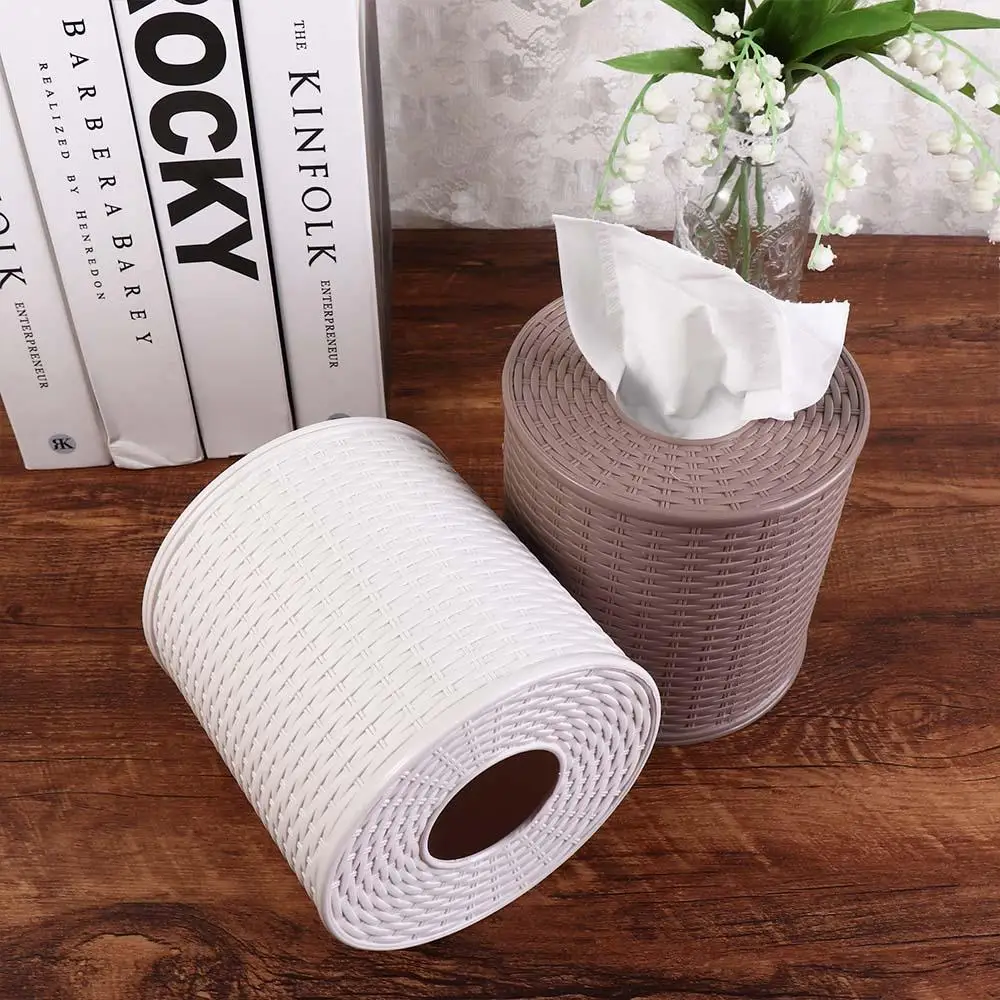 Caja de Almacenamiento de Papel Decorativa de Imitación de Ratán en Beige/Marrón Oscuro, Portarrollos de Papel Redondo, Contenedor a Prueba de Polvo