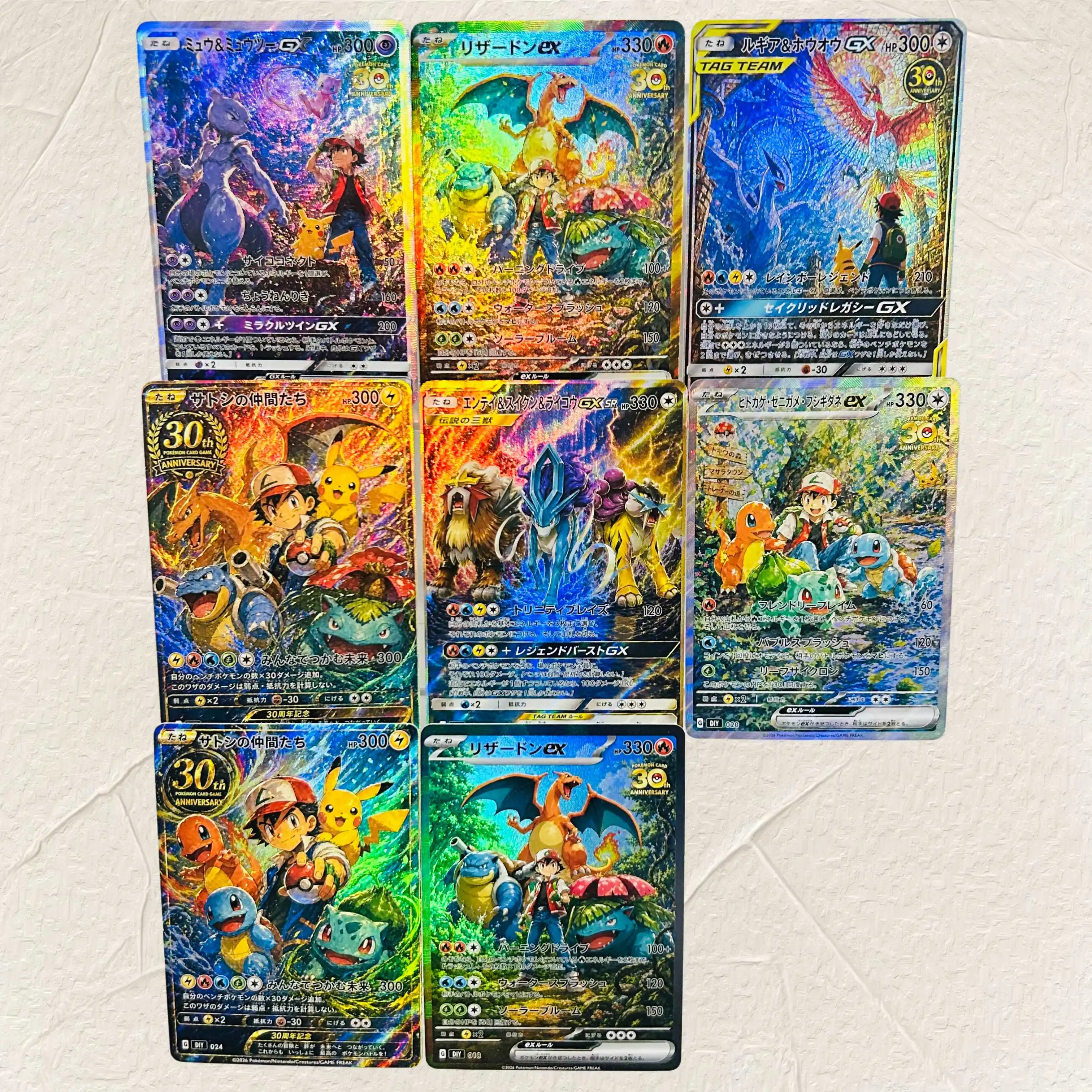 

DIY Pokemon 8Pcs 30th Anniversary Starters & Trainer Holographic Texture Cards English Version Classic Anime Collectible TCG