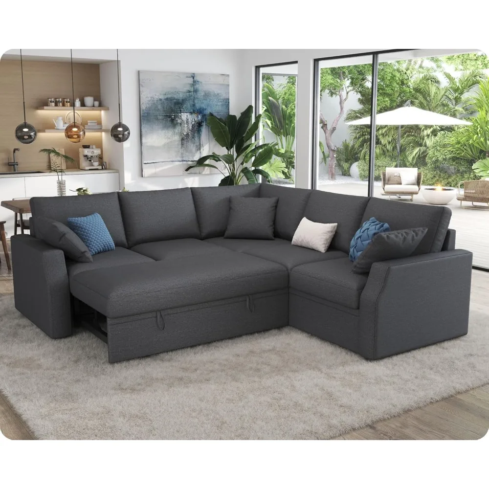 Sofa Bed, 85 Inch Sleeper Couch with Storage Seat, L Shaped Sofa with Pull Out Sofa Bed, Sectional Couches for Living