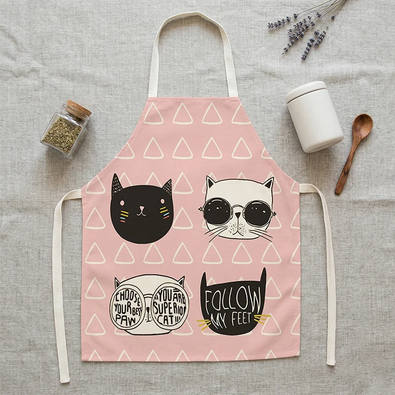 

Cute Cartoon Cat Print Kitchen Apron For Women Girls Cotton Linen Sleeveless Baking Cooking Bib Home Cleaning Waitress Pinafore