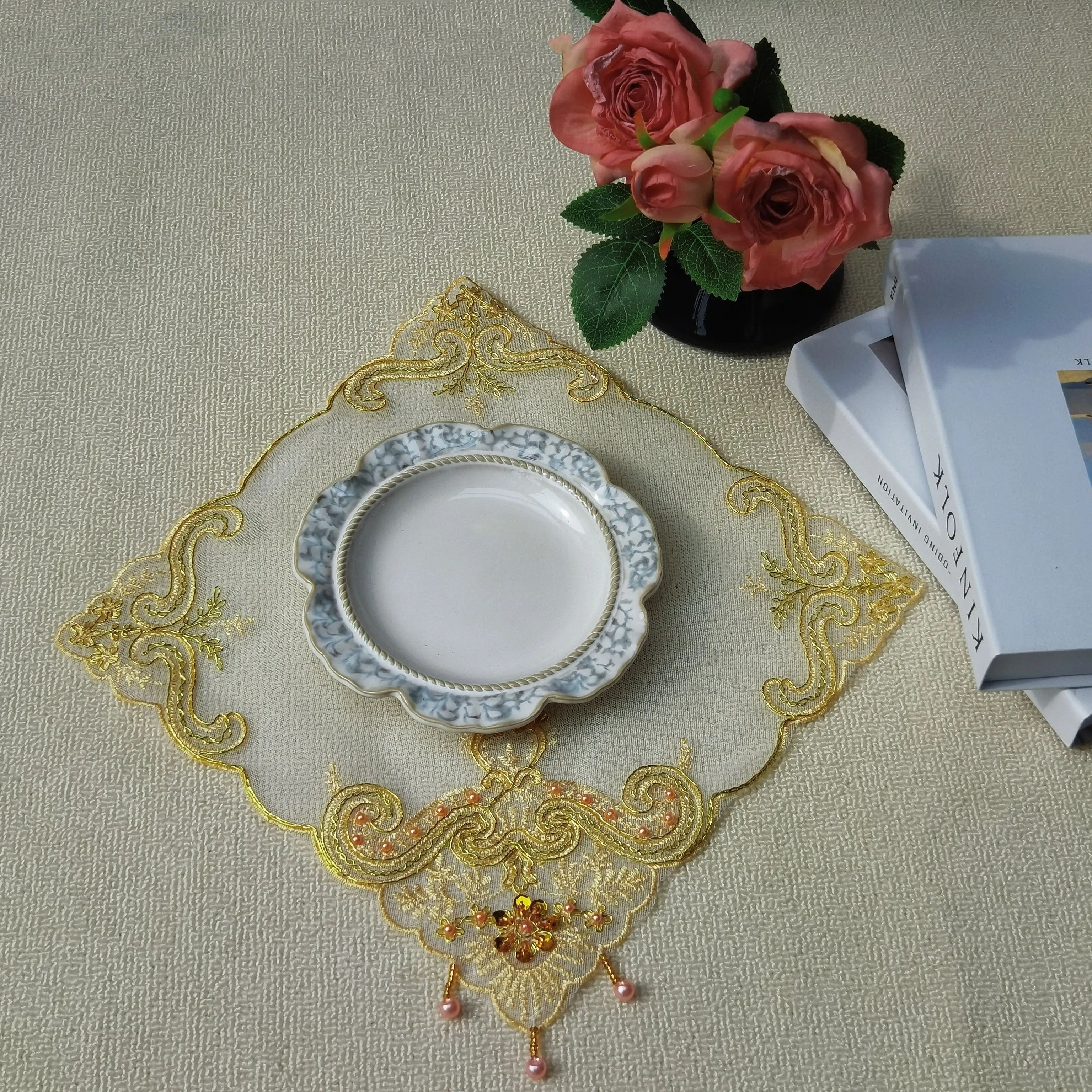 Ramadan Place Mat  Luxury Golden Placemats Plate Mat Dinner Lace Coaster Holiday Table Decorations Room Decoration