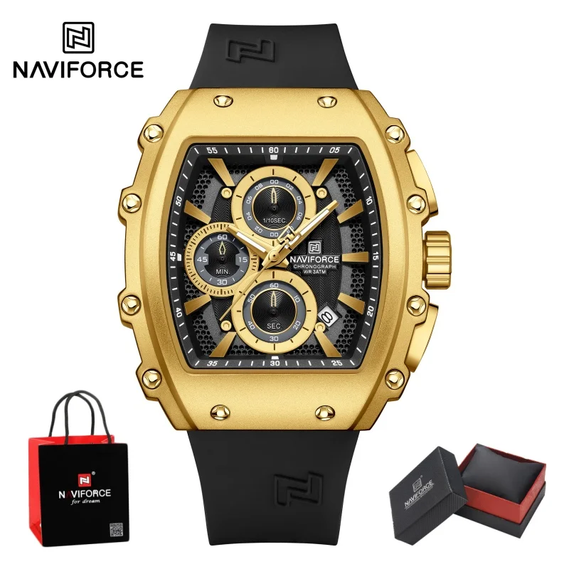 NAVIFORCE Casual Fashion Male Clock Chronograph Quartz Watch for Man Waterproof Luminous Soft Silicone Strap Wristwatch Gift Box