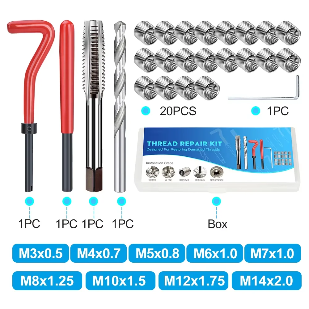 Juego de reparación de Roscas Métricas, insertos de rosca para reparación de roscas dañadas, M3/M4/M5/M6/M7/M8/M10/M12/M14, 25 uds.