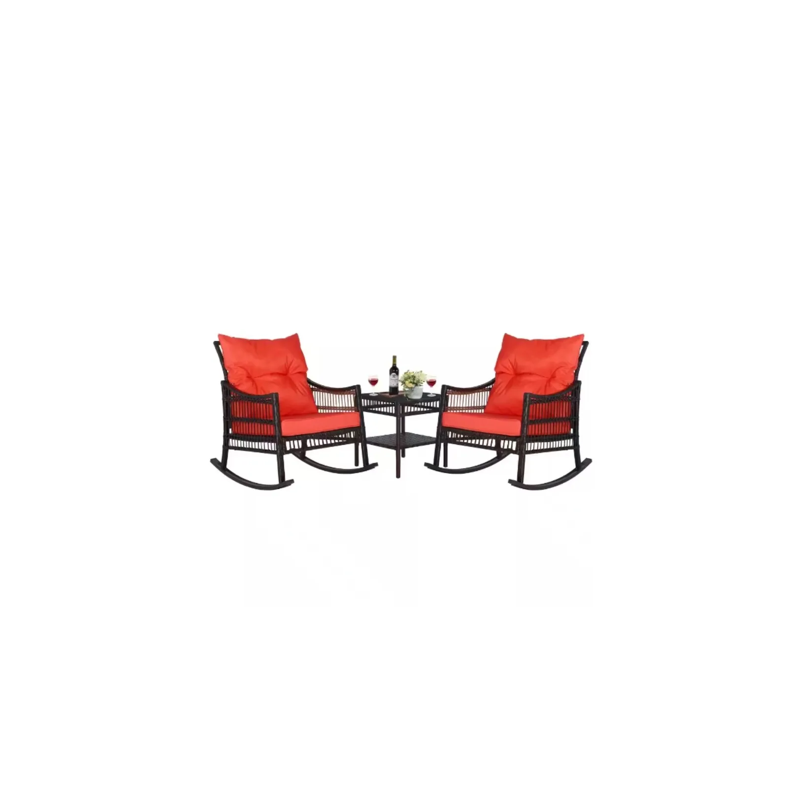 US Dark Brown 3-Piece Patio Wicker Outdoor Rocking Chair Set with Orange Cushions and Pillows