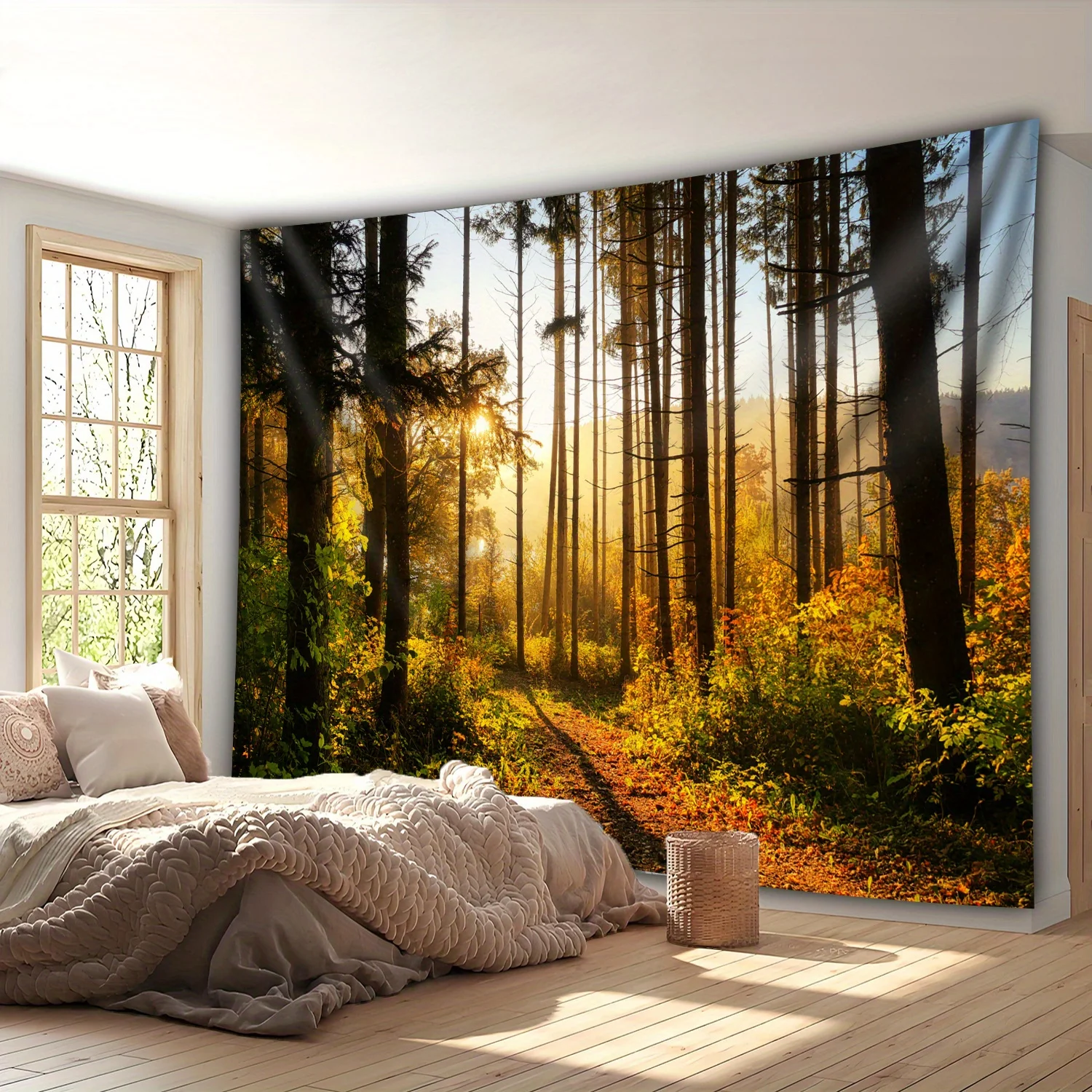 Oversize Forest Woodland Tapestry Wall Hanging Golden Sunlight Nature Scene Decor Art Print for Bedroom Living Room Jungle Decor