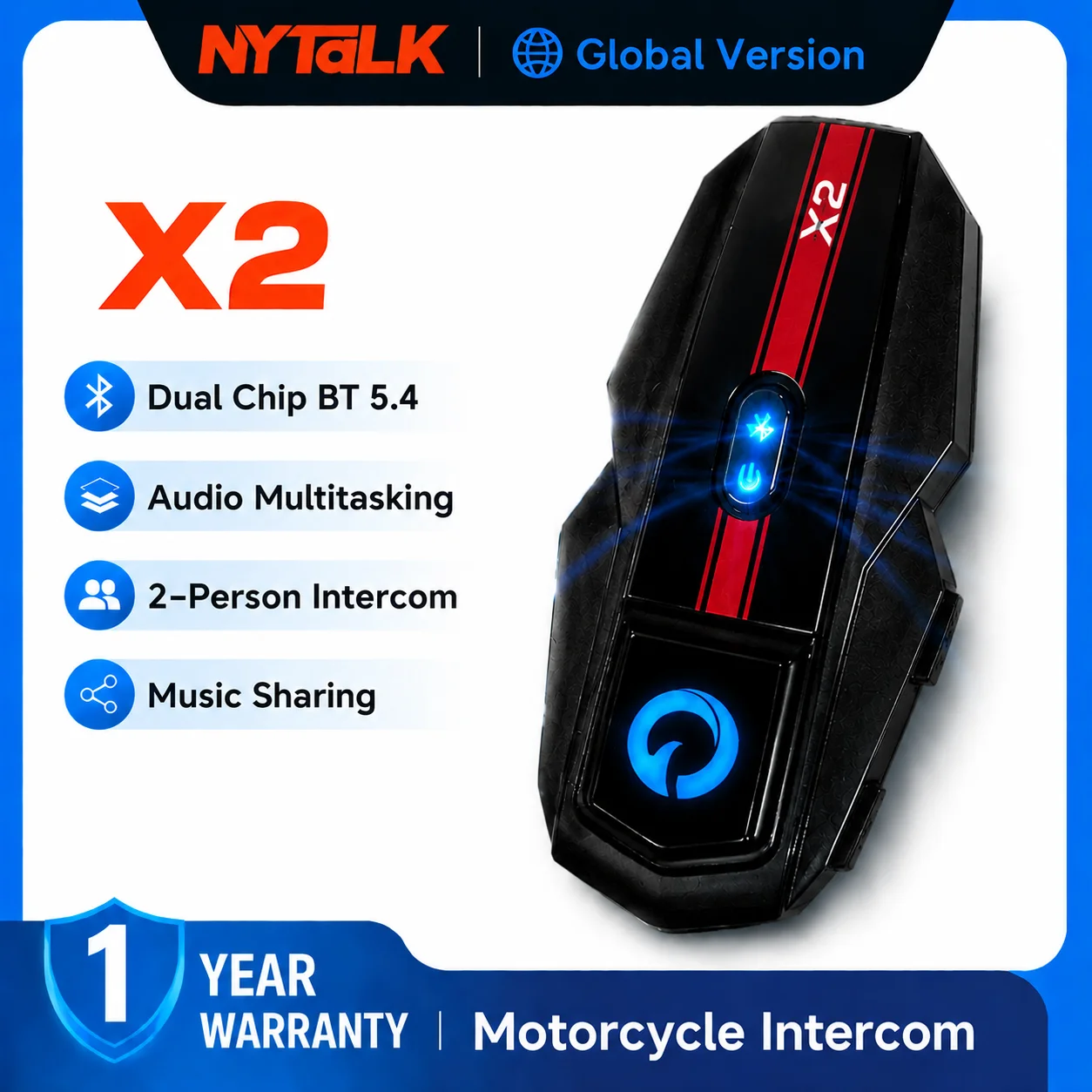 Casque de moto avec interphone NYTalk X2, Bluetooth 5.4, mains libres, étanche, partage de musique pour 2 motards, écouteurs 1000M