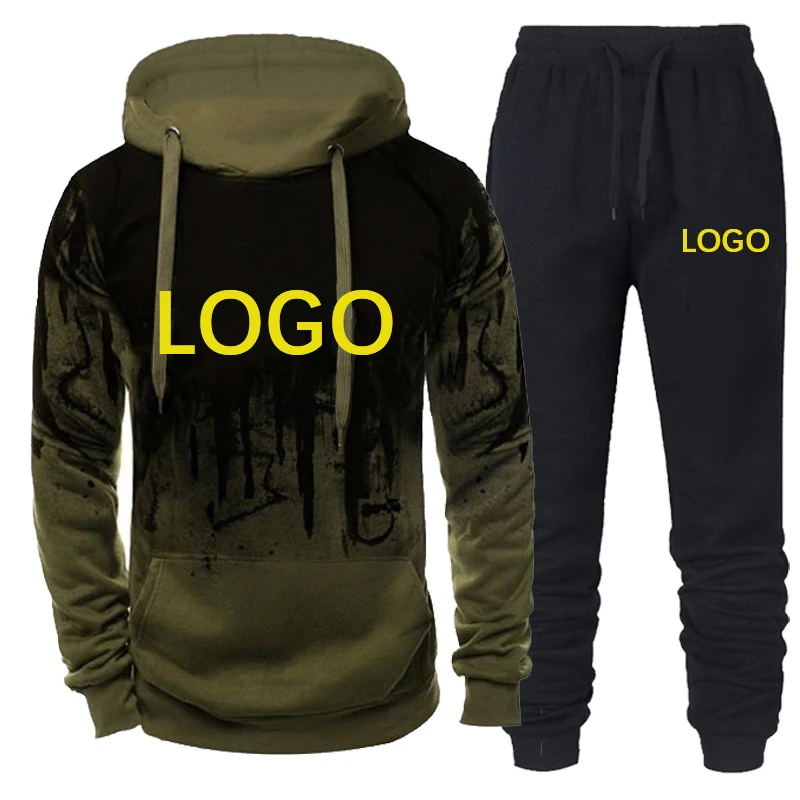 Custom LOGO Men\'s Tracksuit Brand Fashion Spring Autum Causal Sweatshirt+Pants 2pcs Sets Design Your Logo Male Sport Suit