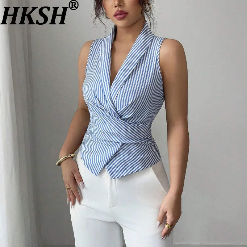 

HKSH Women Vest Striped Sleeveless Shirt Lace-up Waist Cinching Slim Fit Pleated Elegant Urban High-end Tank Tops Summer HK22427