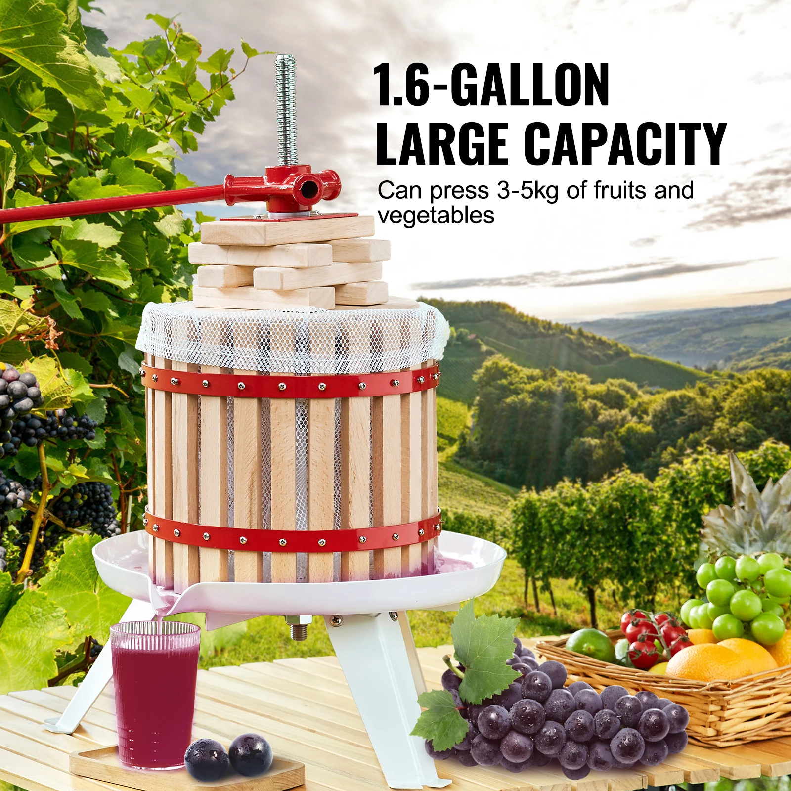 VEVOR Fruit Wine Press 1.6Gallon 6L Solid Wood Basket with 6 Blocks Manual Juice Maker with Pole Handle Bar for Kitchen and Home