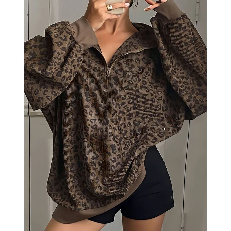 Women Casual Zipper Long Sleeve Leopard Sweatshirt Loose Oversize Retro Hoodie Stand Collar Corduroy Outerwear Pullover Autumn