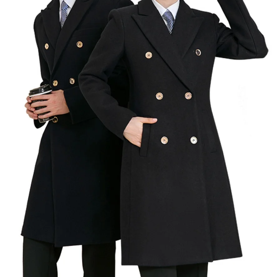 Double Breasted Black Blue Woolen Coat Women's Medium Length Welcoming Work Clothes Hotel Bank Front Desk Sales Uniform Man