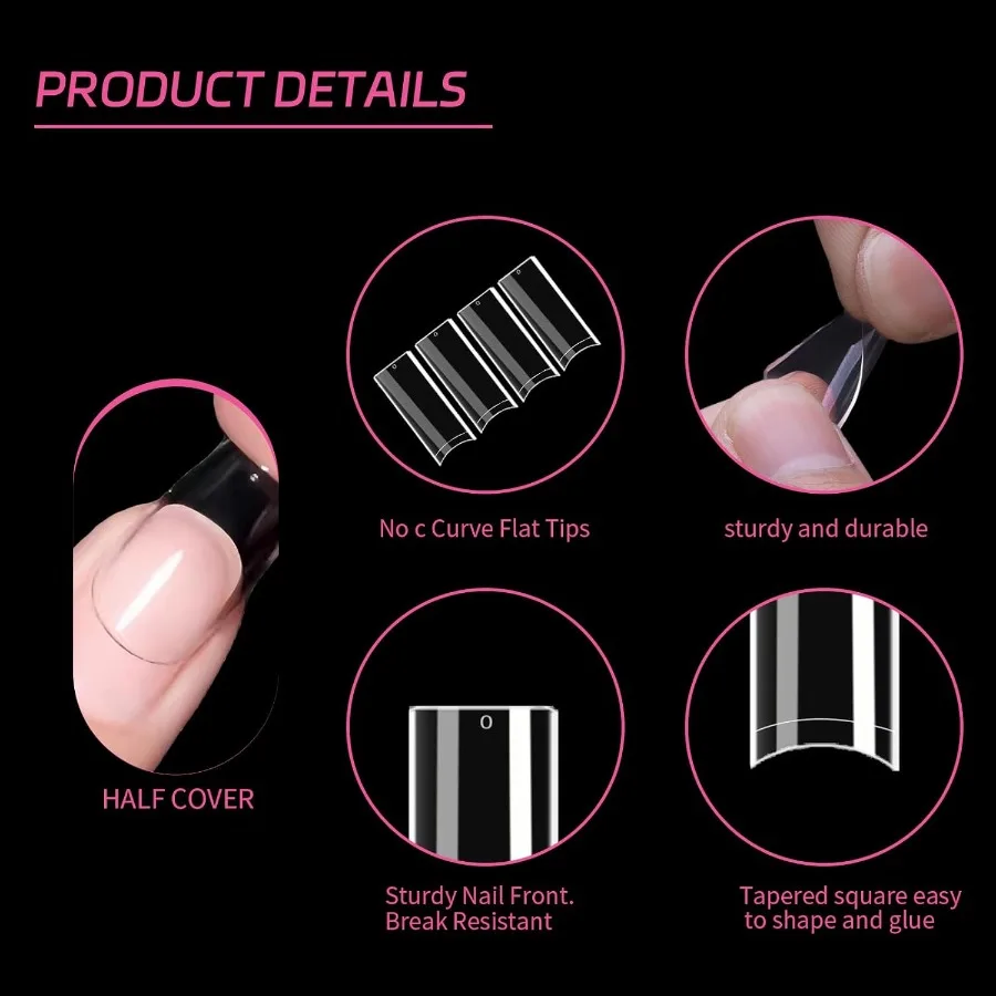 노 C 커브 XL 네일 팁 500개입 테이퍼드 스퀘어 플랫 헬프 커버 인조 손톱 네일 살롱 및 DIY 프렌치 ABS 네일 팁 XL