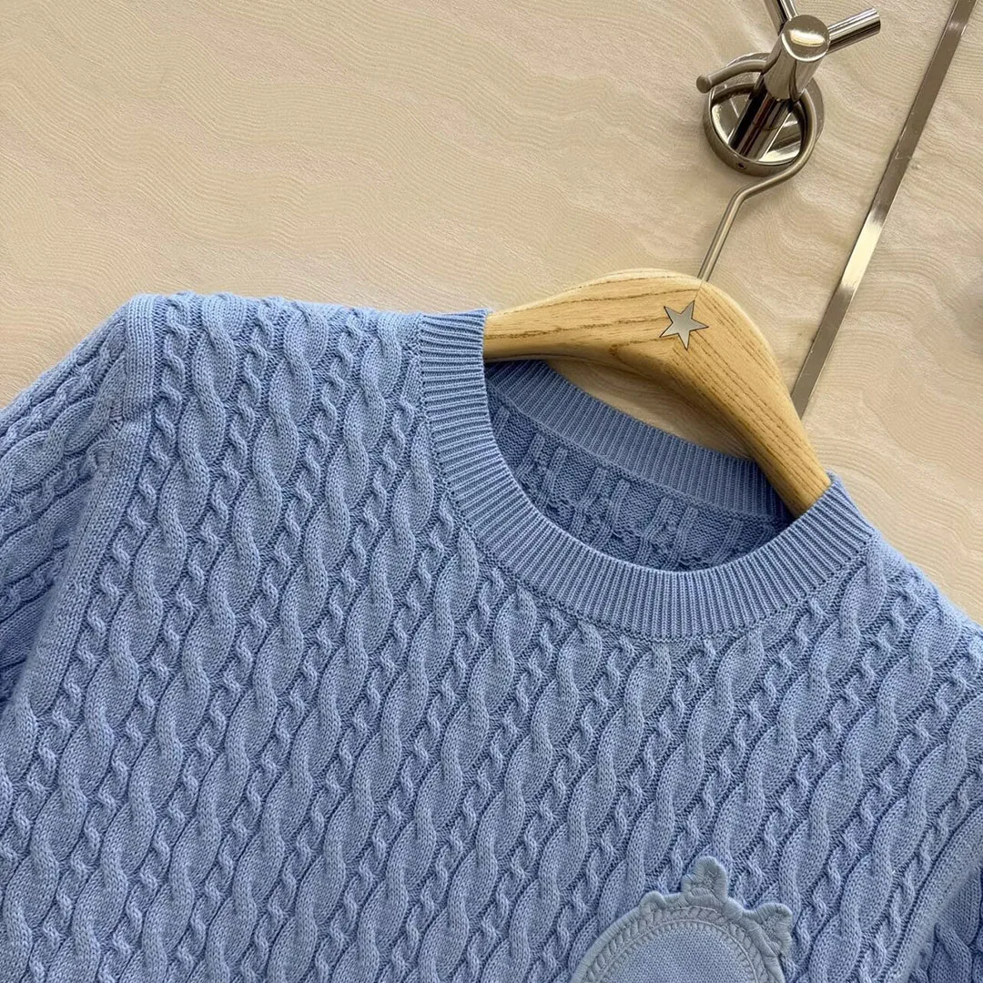 2026 New Spring Summer Twist Crochet Knitted Tops Women O-neck Short Sleeve Blue Casual Sweet Slim Fit T-shirt