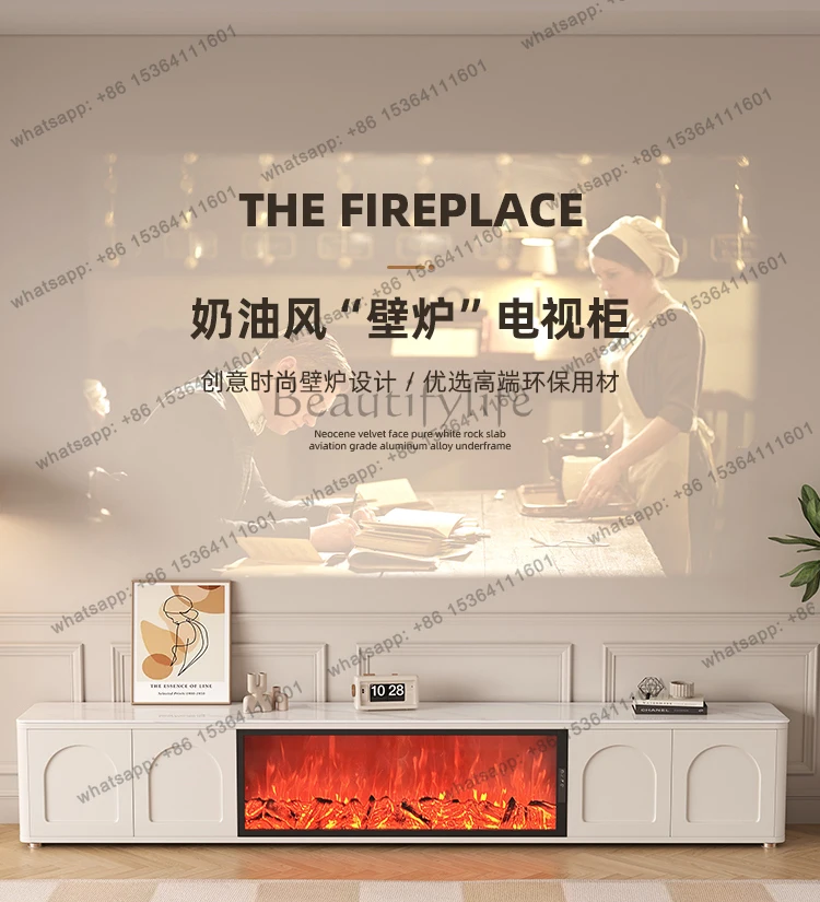 3D electronic fireplace decoration simulation flame integrated white cream style TV cabinet