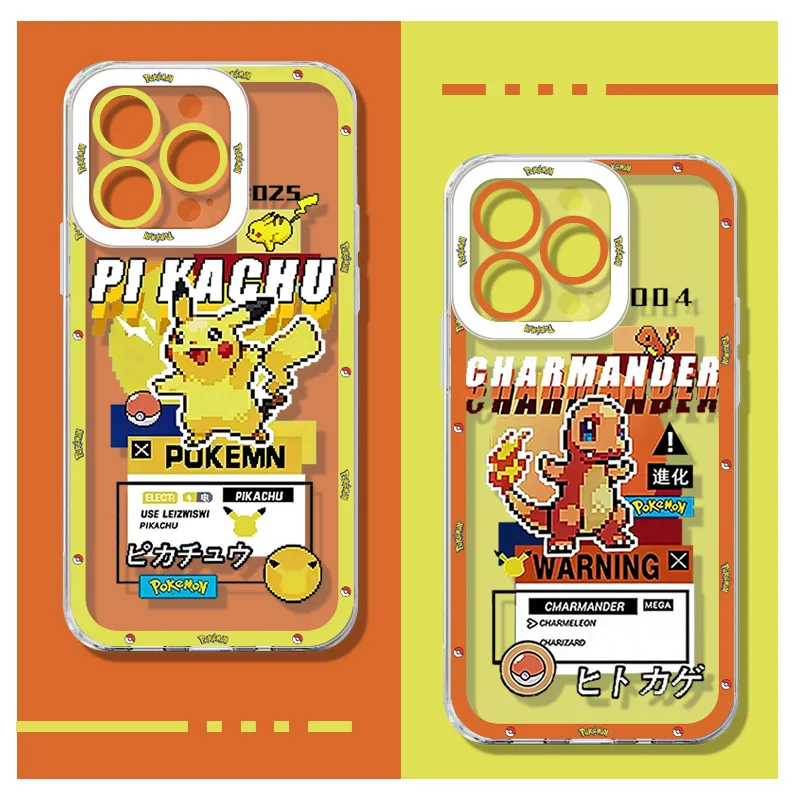 Capa de Silicone Transparente Pokedex P-Pokémon Pikachu Bulbasaur para iPhone 16 15 17 14 Pro Max Air 17E 13 12 11 ProMax
