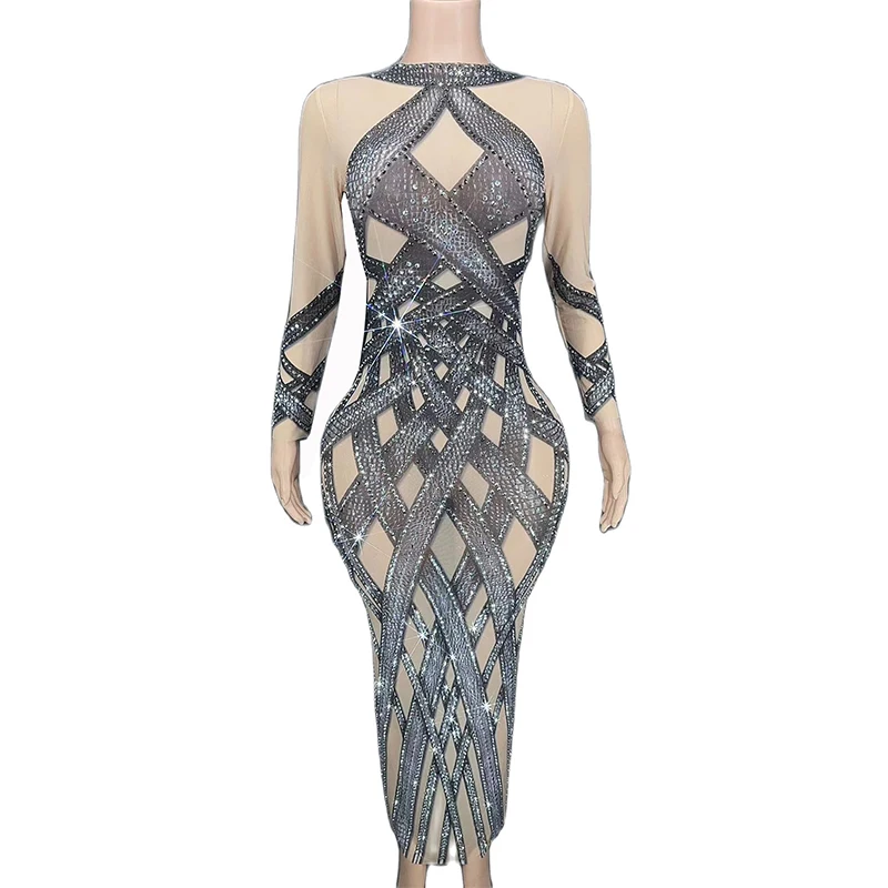 

Rhinestone Sexy Sparkly Long Sleeves Mesh Perspective Dress Birthday Nightclub Singer Performance Costume
