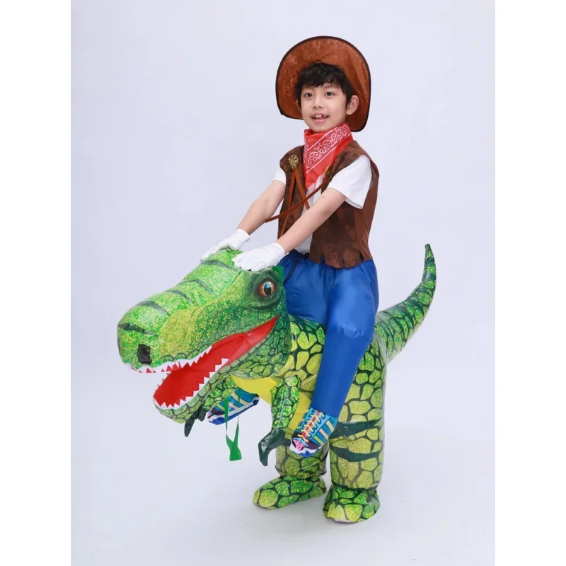 Kids Child T Rex Dinosaur Inflatable Costume Cosplay Cowboy Ride Dinosaur Halloween Purim Inflated Garment Disfraces 3D Print MN