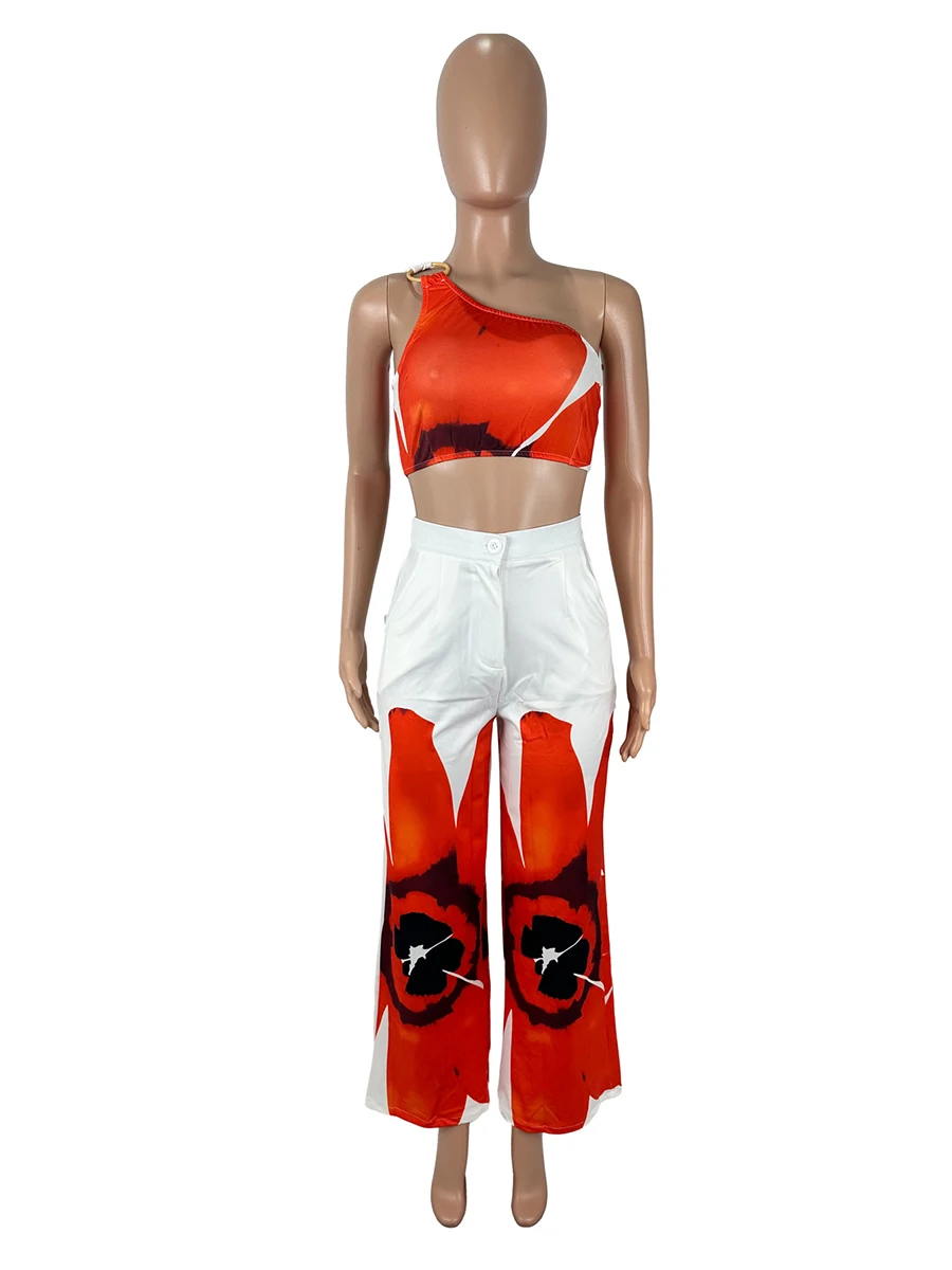 ZIML Set Dua Potong Cetak Warna Hit untuk Wanita Atasan Pendek Tanpa Lengan Kerah Diagonal Celana Longgar Pinggang Tinggi Set Chic Wanita