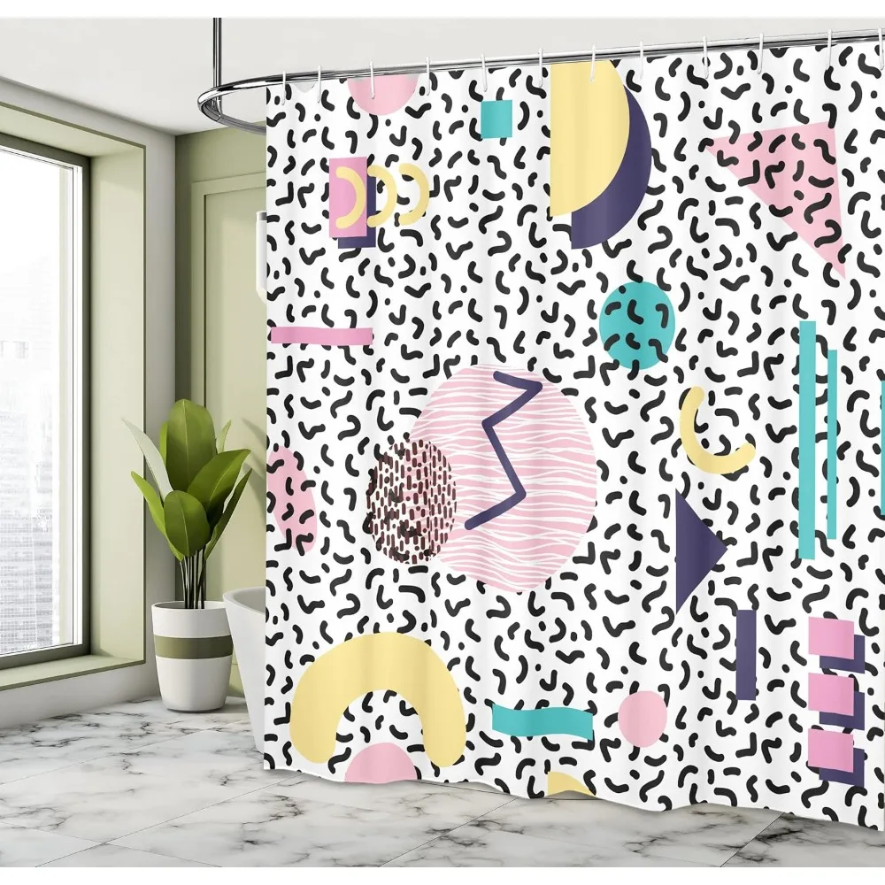 ستارة حمام هندسية مستوحاة من الرجعية: ديكور حمام من القماش بنمط نصف قمر ومثلث